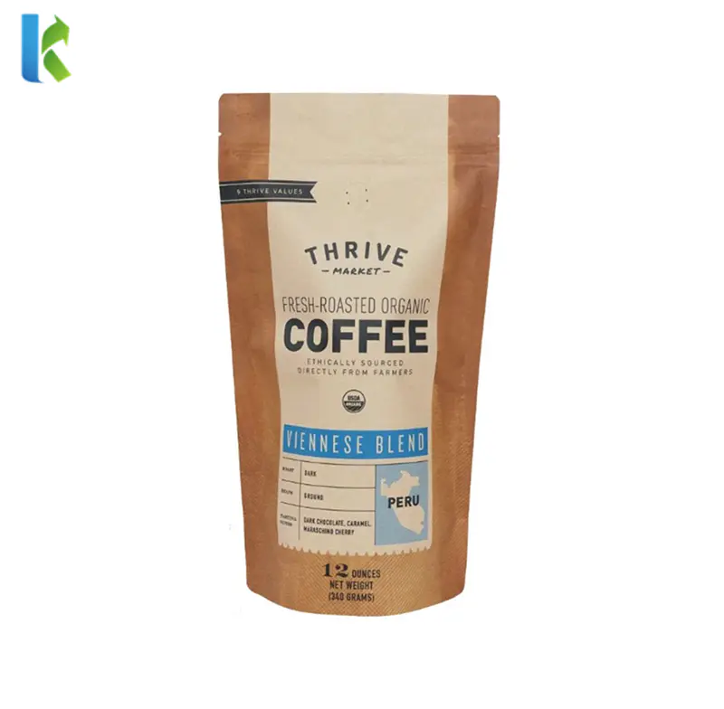 Custom Printed Stand Up Pouch Kraft Paper Packaging Ziplock Coffee Bean Bag with Valve