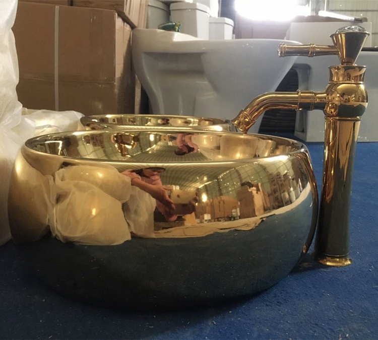 Hotel luxury round ceramic gold color hand wash basin