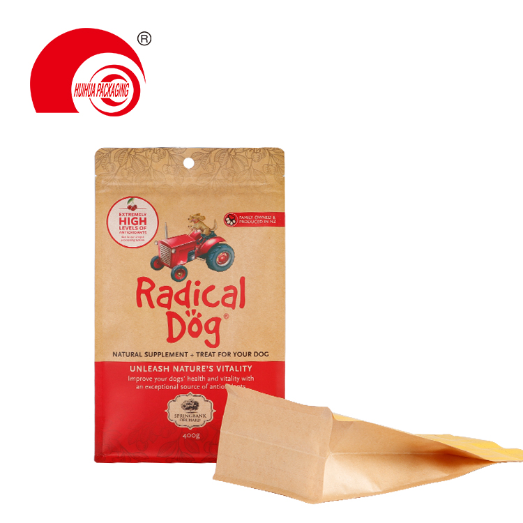 Food Grade Laminated Flat Bottom Pouch Kraft Paper Snack Dog Food Packaging Bag with Zipper