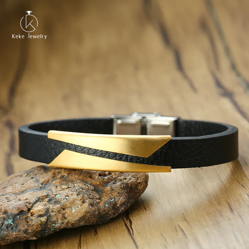 European and American trendy men's bracelet, stainless steel oblique piece curved brand microfiber leather bracelet, fashion jew