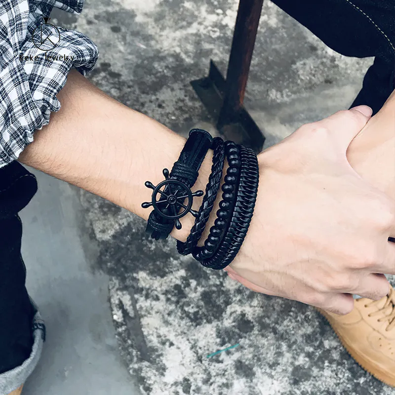 Alloy rudder + black wood beads PU leather braided bracelet four-piece men's bracelet BL-472