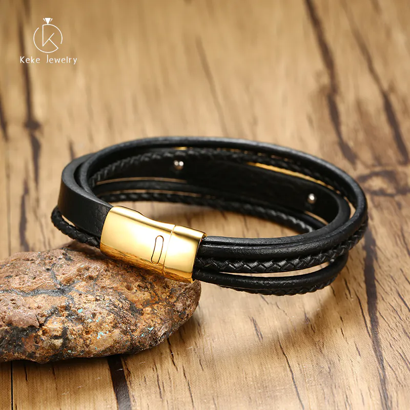 Stainless Steel Leather Bracelet 21CM Stainless Steel Bracelet Fashionable Men's Fashion Jewelry Curved Brand Leather Bracelet B
