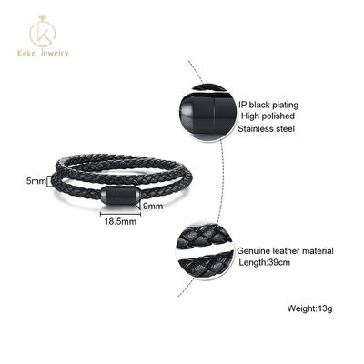 39MM stainless steel two circle black leather magnet buckle hand strap European style men's trendy bracelet wholesale BL-446
