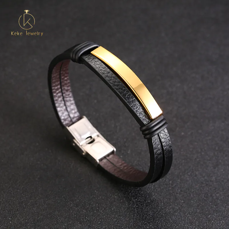 New Design European and American style black stainless steel men's bracelet Double leather bracelet BL-489