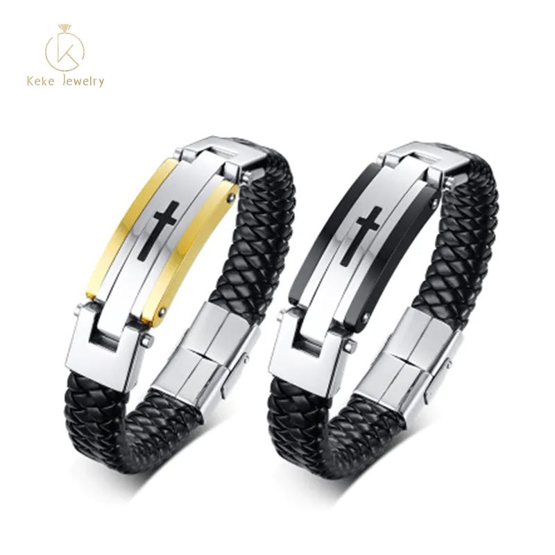 Foreign trade wholesale stainless steel leather bracelet men's curved brand cross leather bracelet BL-488