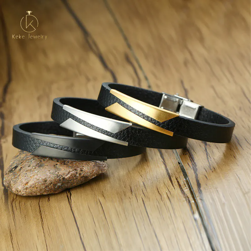 European and American trendy men's bracelet, stainless steel oblique piece curved brand microfiber leather bracelet, fashion jew