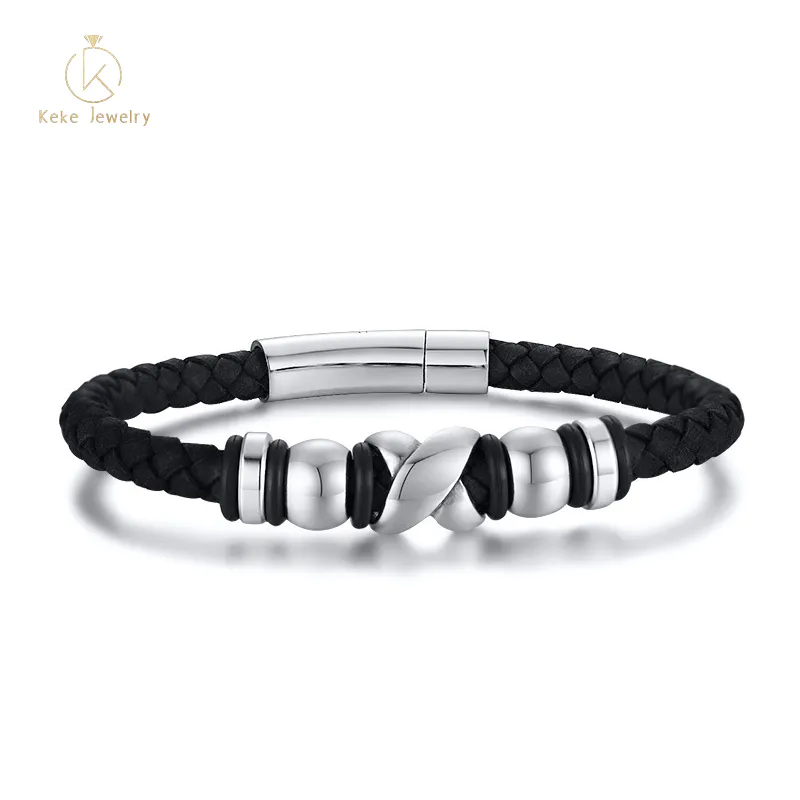 Chinese Manufacturer European and American style 21.5CM titanium steel leather black men's bracelet BL-529