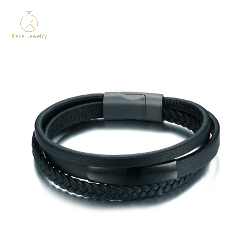Stainless Steel Leather Bracelet 20.5CM Stainless Steel Three Circle Bracelet Men's Korean Black Bracelet BL-295
