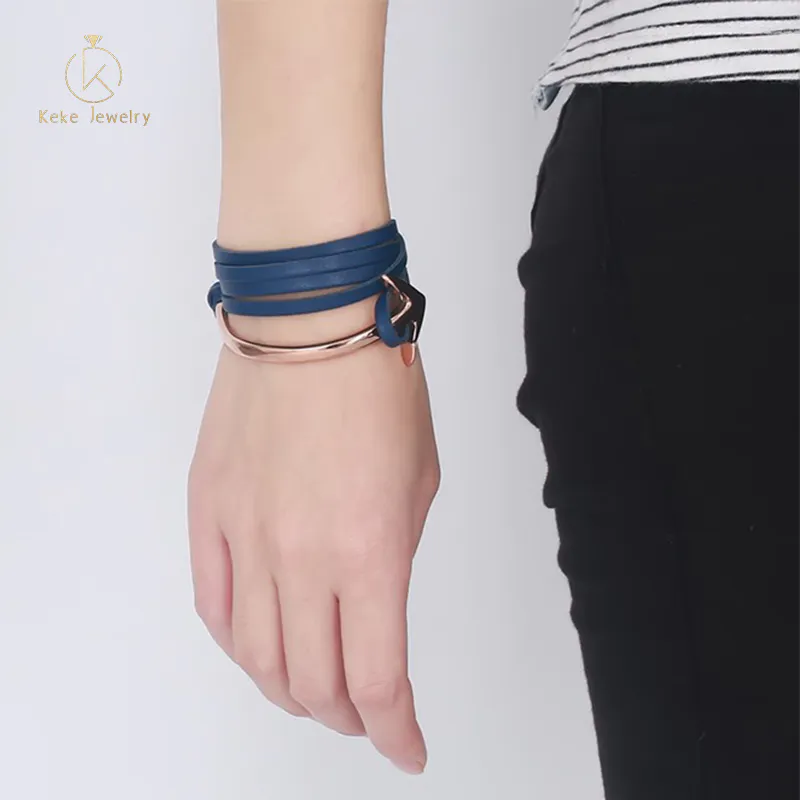 Wholesale Japanese and Korean personality curved hook long anchor element men's leather woven student bracelet BL-145
