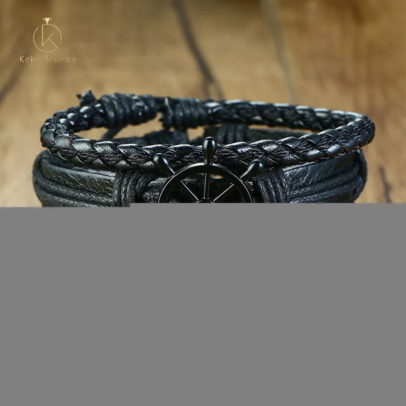 Alloy rudder + black wood beads PU leather braided bracelet four-piece men's bracelet BL-472