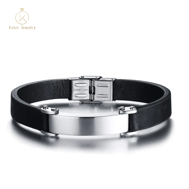 Spot wholesale can be engraved curved brand leather black men's bracelet BL-425