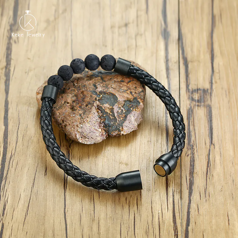 Titanium steel jewelry spot wholesale men's microfiber leather volcanic stone leather bracelet BL-404