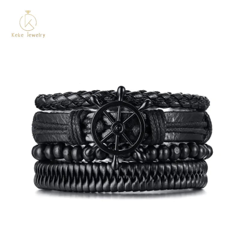 Alloy rudder + black wood beads PU leather braided four-piece bracelet Men's bracelet BL-472