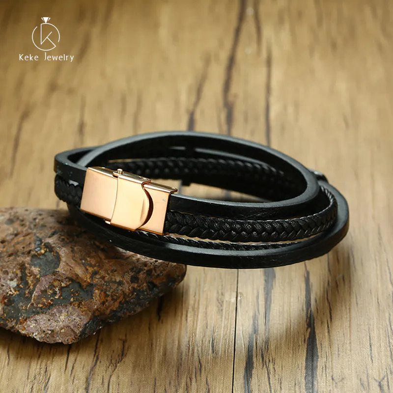 Stainless Steel Leather Bracelet Multilayer Titanium Steel Curved PU Leather Hand Strap Black Rose Gold Spot Wholesale BL-365