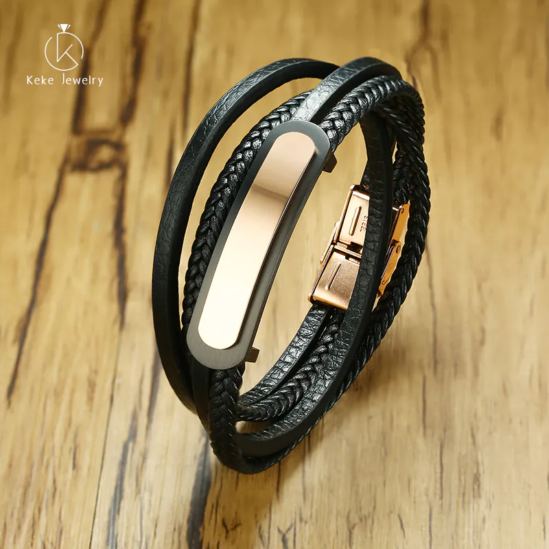 Stainless Steel Leather Bracelet Multilayer Titanium Steel Curved PU Leather Hand Strap Black Rose Gold Spot Wholesale BL-365