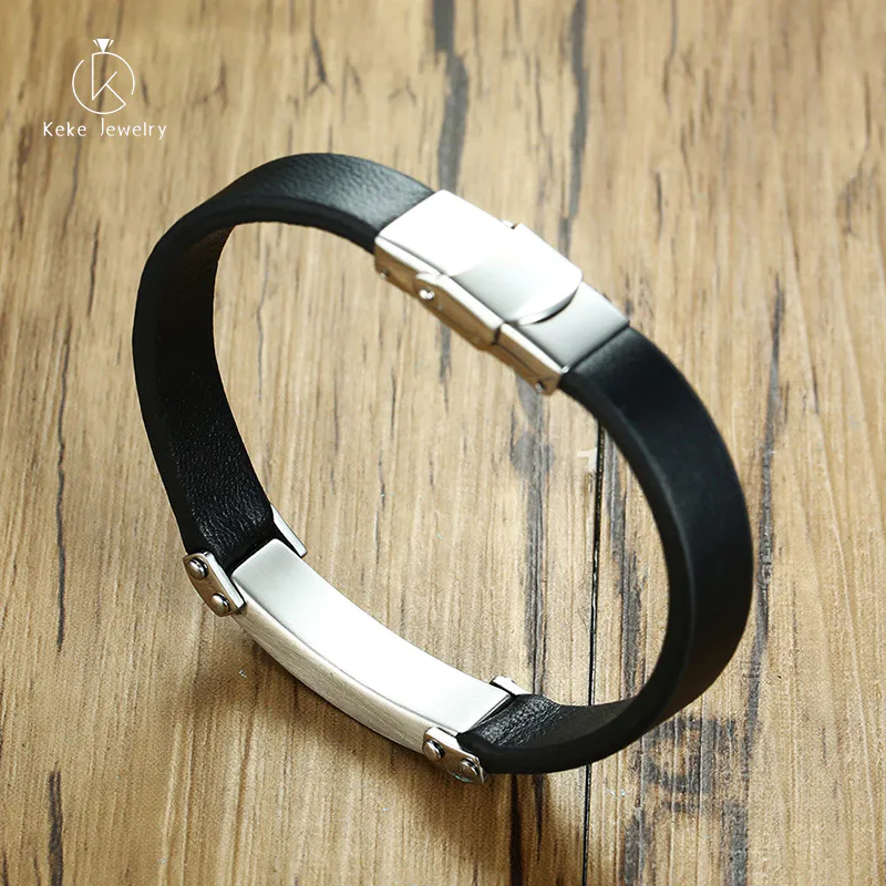 Spot wholesale can be engraved curved brand leather black men's bracelet BL-425