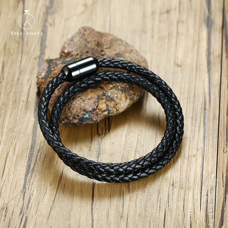 39MM stainless steel two circle black leather magnet buckle hand strap European style men's trendy bracelet wholesale BL-446