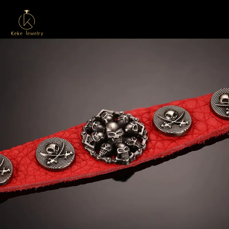 Spot wholesale alloy skull red leather men's bracelet BL-184