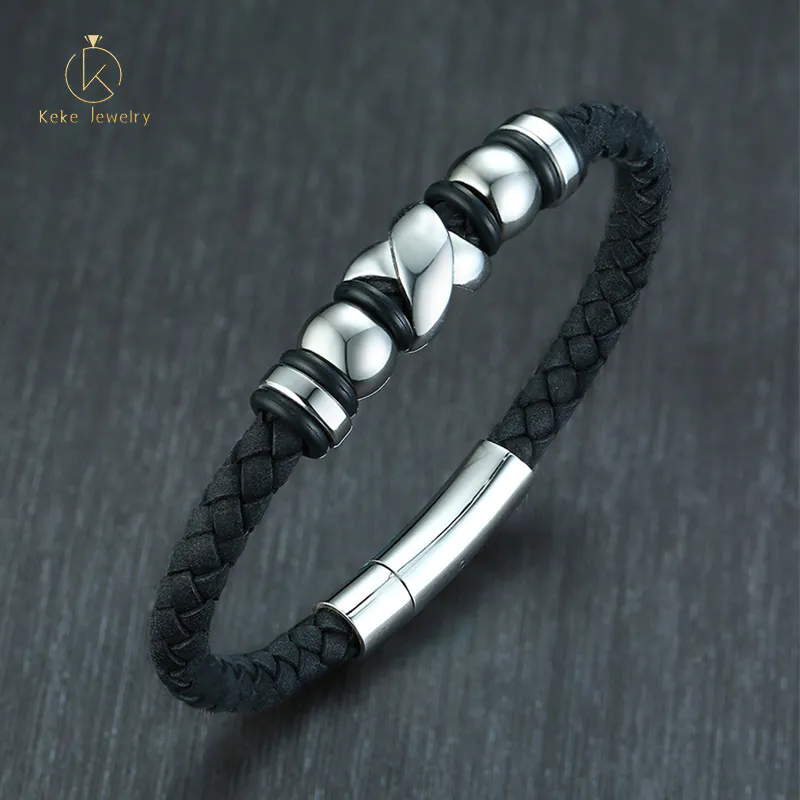Chinese Manufacturer European and American style 21.5CM titanium steel leather black men's bracelet BL-529