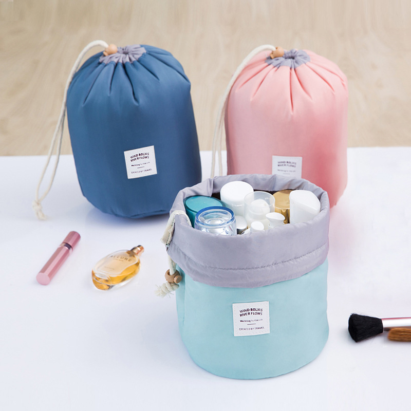 China Custom Logo Colorful Nylon Round Barrel Shaped Travel Cosmetics Accessories Bag
