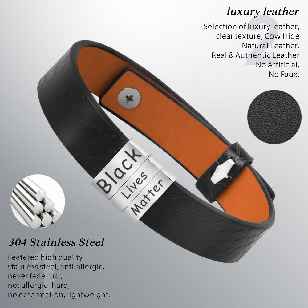 product-BEYALY-Stainless Steel Black Lives Matter Engraved Bracelet With Wide Leather-img-2
