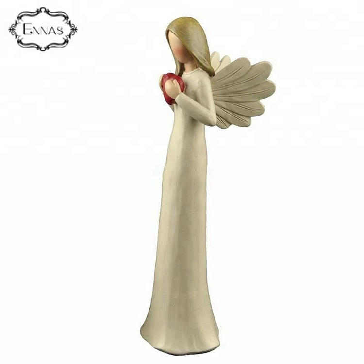 Home decoration polyresin angels figurines wholesale with red heart