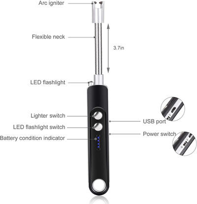 Rechargeable Electric Arc Lighter Triple Safety Long Lighter Hanging Hook with 360 Flexible Neck LED Battery Display