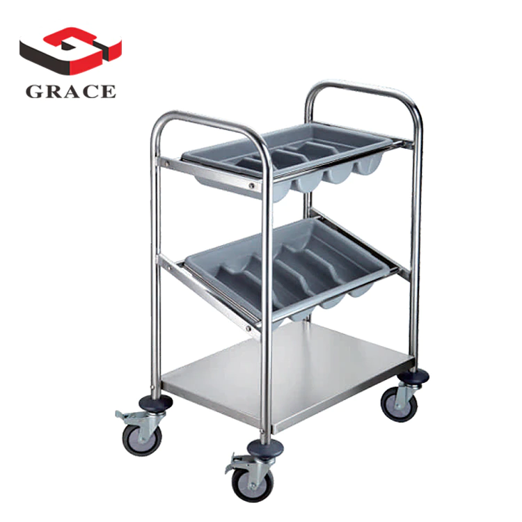 Round shape stainless steel cuttlery trolley with dishes for restaurant