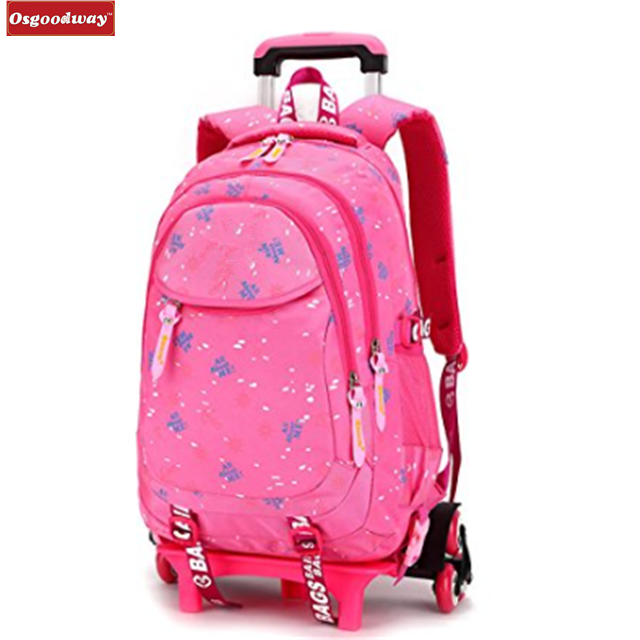 Osgoodway Cute Desgin Wholesale Nylon Trolley Girls Backpacks with Wheels Removable Rolling