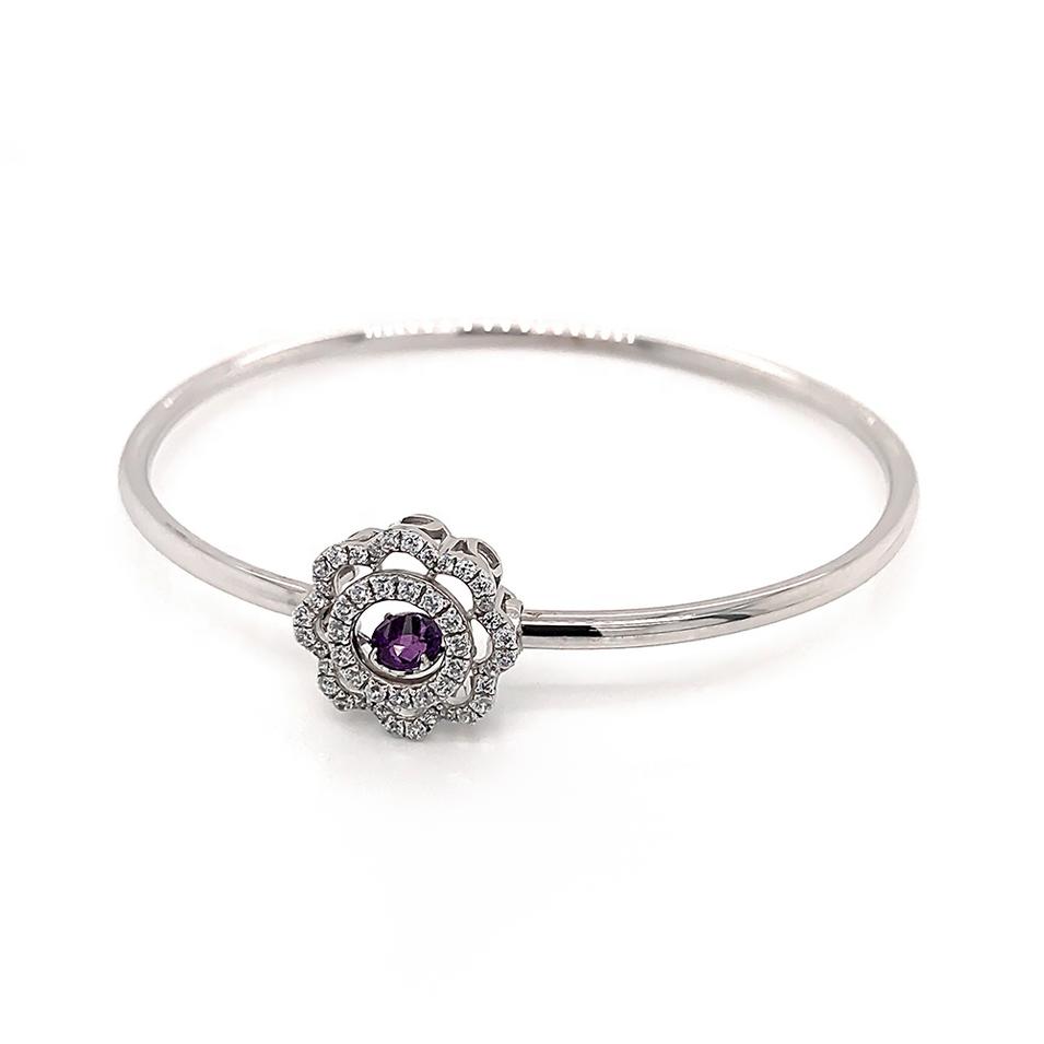 Women Swivel Purple Gem Bracelet, Zircon Flower Design Silver Bangle