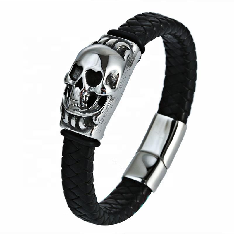 Black Braided Leather Bracelet, Male 2020 Fashion Skull Jewelry