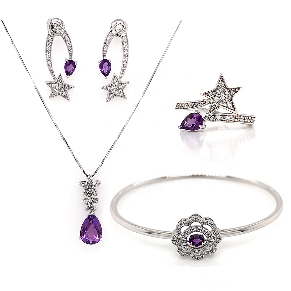 Star Purple Stone Wedding Necklace And Bracelet And Earring And Ring Set