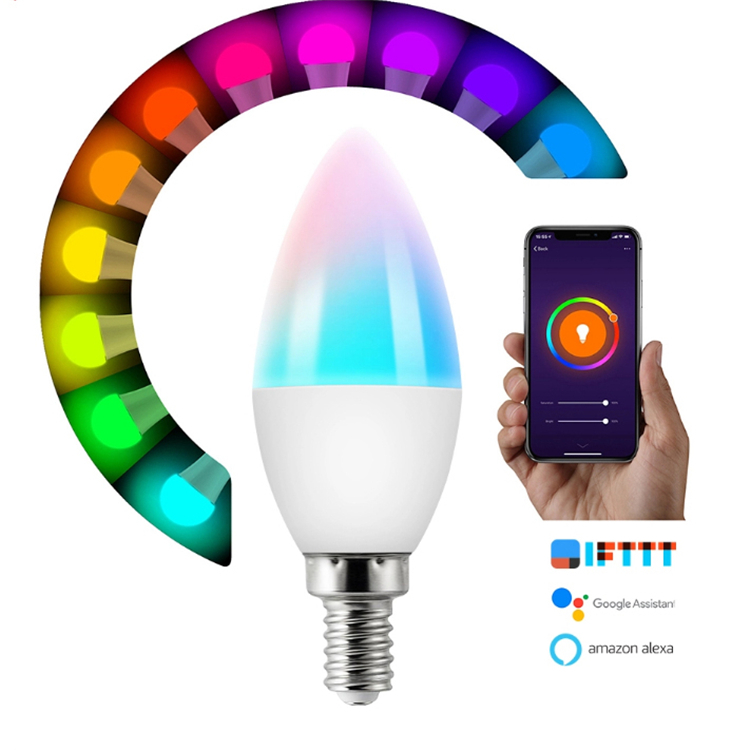 Shenzhen Unigreat factory Tuya app Control 5W E14 RGBW Wifi light bulb smart candle light bulb