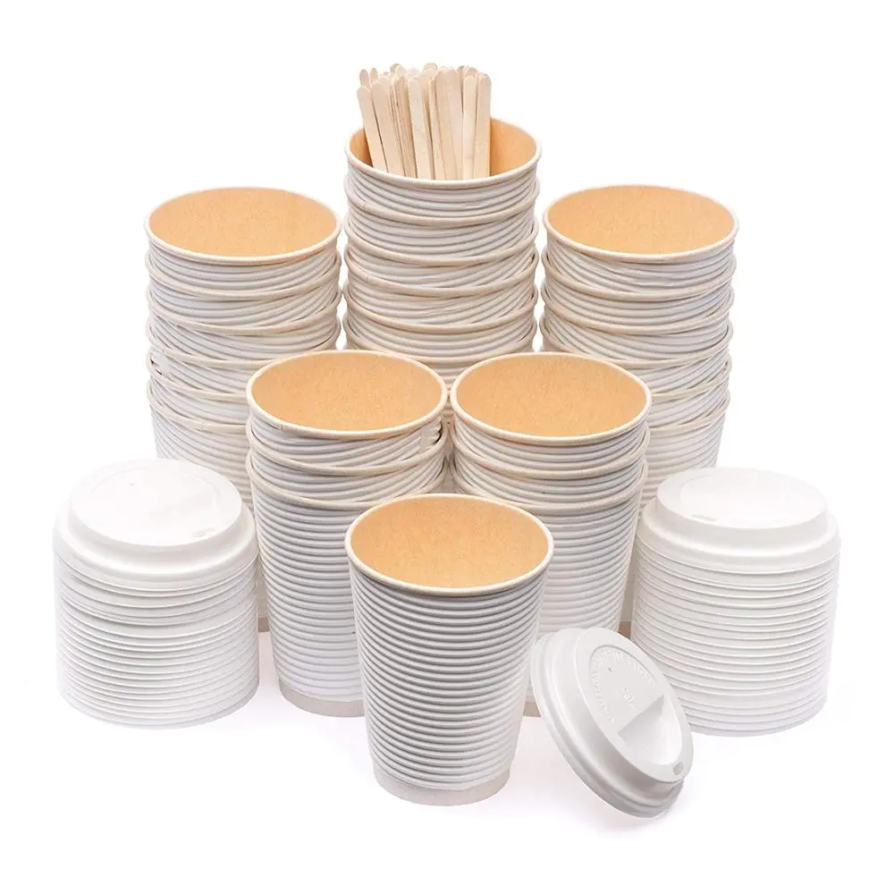 100% Compostable Disposable PLA Lined Paper Coffee Cup And Lid