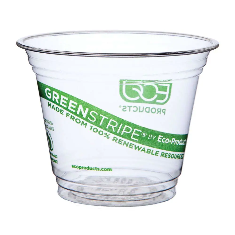 9 oz, PLA Eco-friendly Customized Size Logo Green Stripe Renewable & Compostable Cold Cups