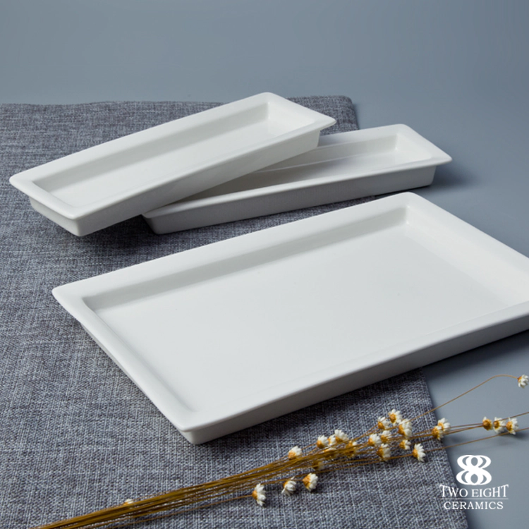 Wholesale ceramic wedding tableware super white porcelain buffet plate fine rectangular plate set