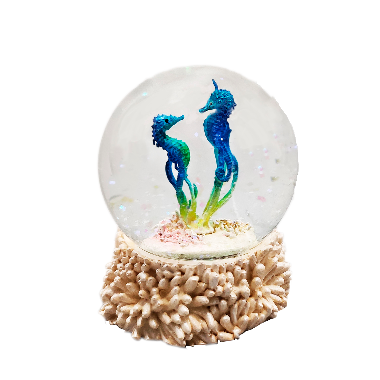 Custom 80mm Ployresin Cute Seahorse Sculpture inside Snow Globe Theme Sea Animal Product Type Water Globe