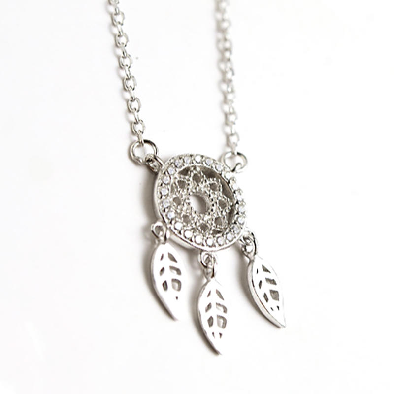 Simple Dream Catcher Necklace Silver Feather Pendant Clavicle Chain Women