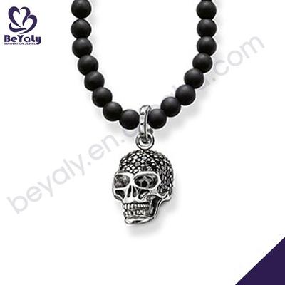Black rosary silver cz engraved skull pendant necklace