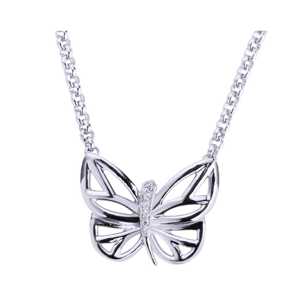 Hollow Design Zircon Butterfly Shaped Necklace, Simple 925 Silver Butterfly Chains Necklace