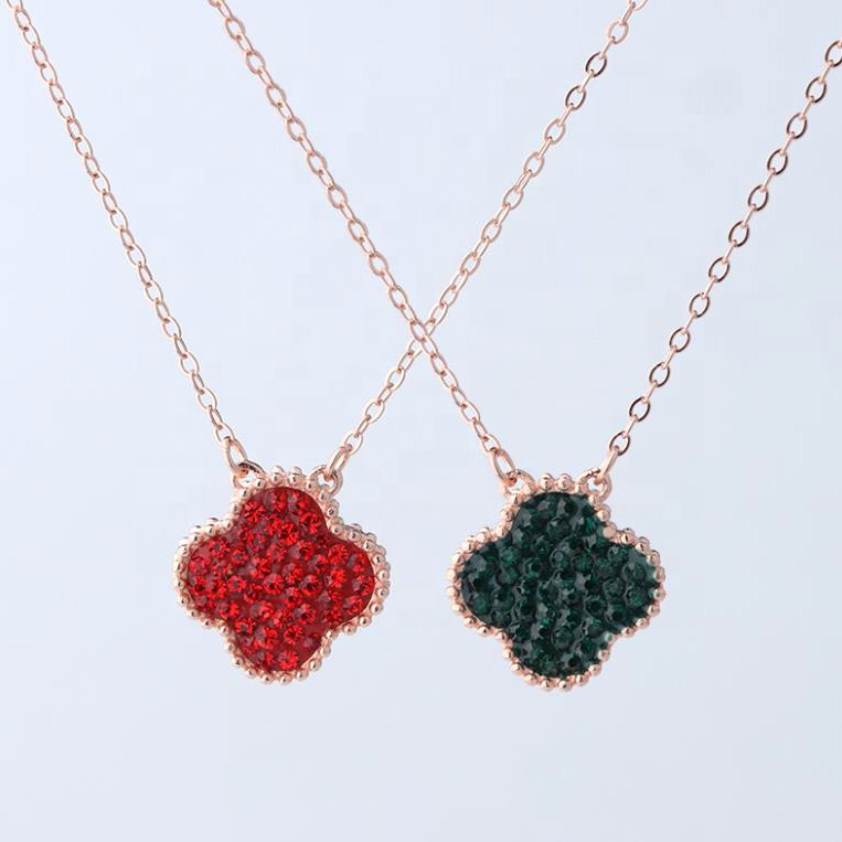 Double-Sided Full Pave Setting Red And Green Zircon Lucky Clover Necklace