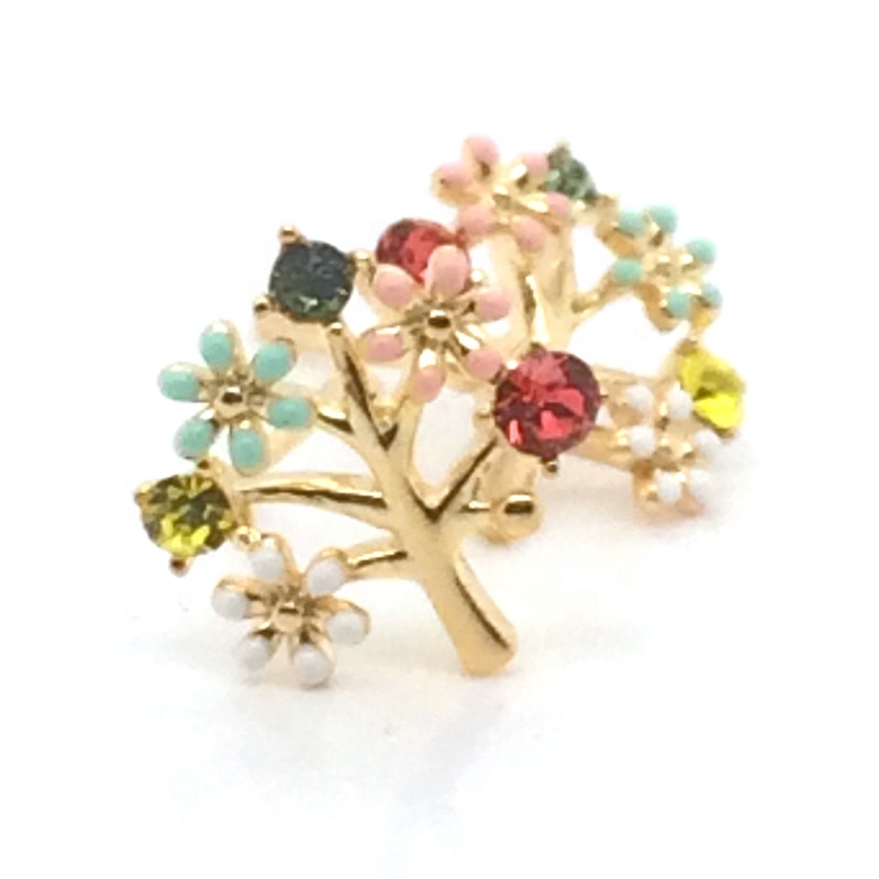 Cute Color Stone Tree Of Life Design Silver Earring Studs Gold Plated