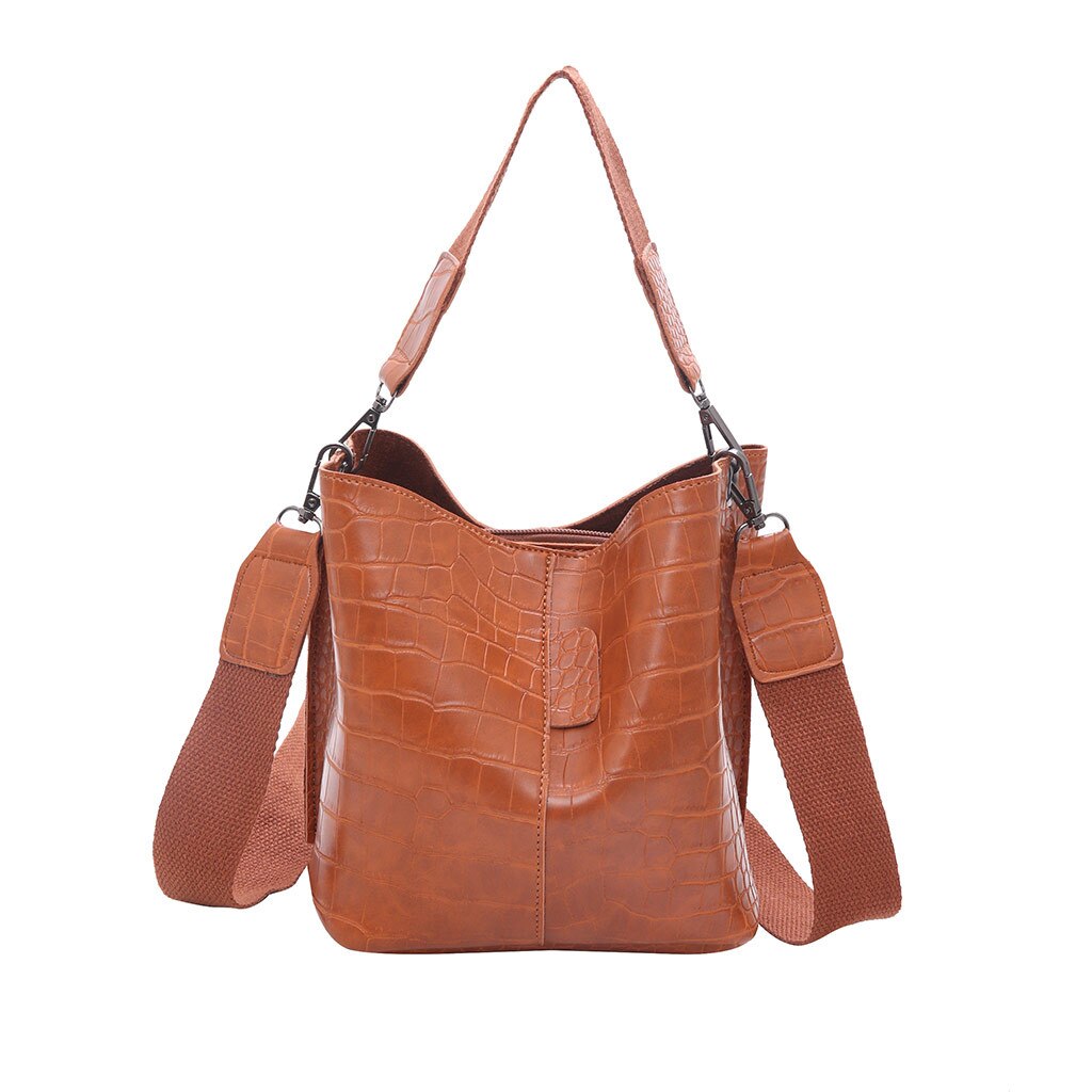 Black Alligator Crossbody Leather Bags Women's Fashion Stone Hasp Pure-Colour Retro Shoulder Bag Large Capacity Bucket Bag