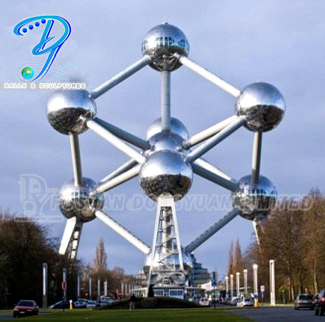 Atomium Nine Stainless Steel Clad Spheres, Metal Hollow Sphere Sculpture