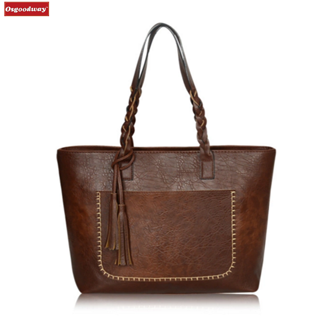 Osgoodway23 Fashion Women PU Leather Bag Tassel Handbags Women Big Totes Bags Luxury Designer High Quality Vintage Shoulder Bag