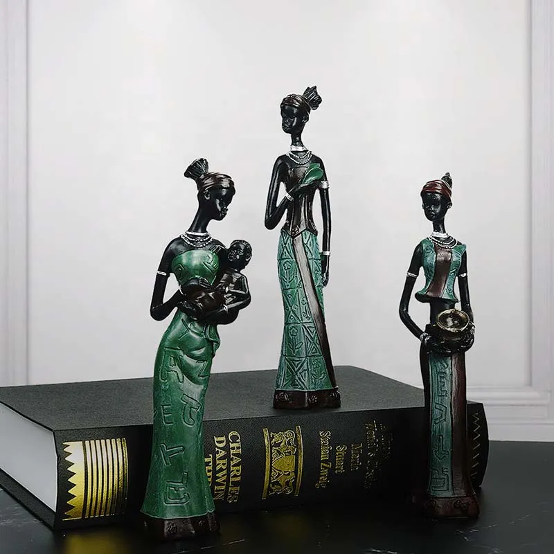 3 Pcs/Set African Characteristic People Statue Resin Traditional Feature Africa Black Figurine Exotic Home Decoration Desktop