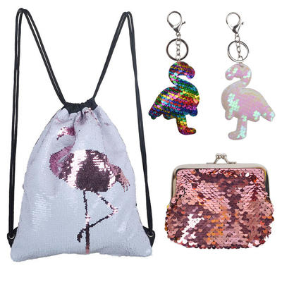 Osgoodway2 Beautiful flamingo glitter kids gift bag set girls reversible sequin drawstring backpack gym bag