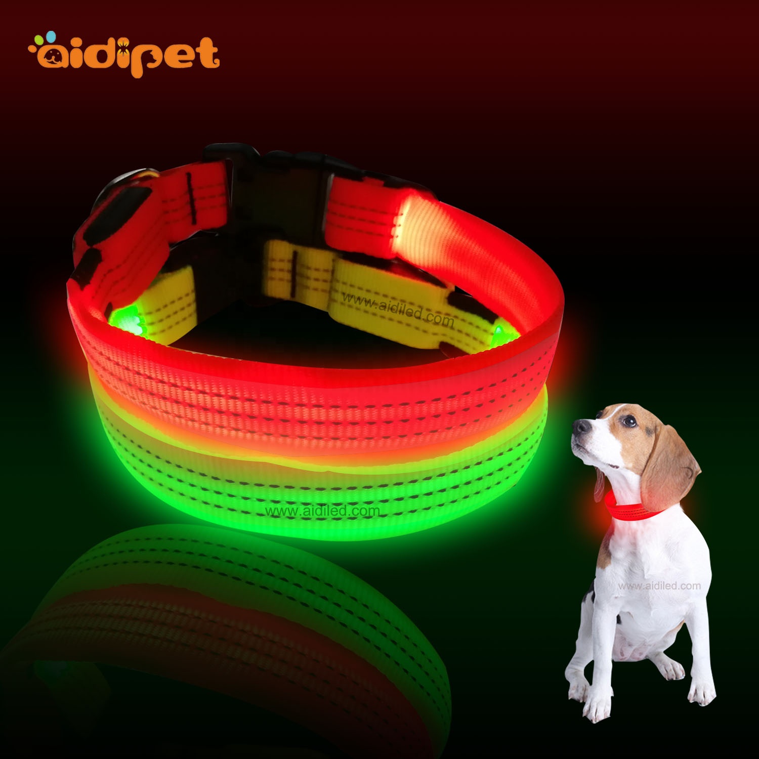 Nylon Reflective Dog Collar with Led Light High Quality Reflective StitchingPet Night Safety Guard Solid Color Nylon Collar