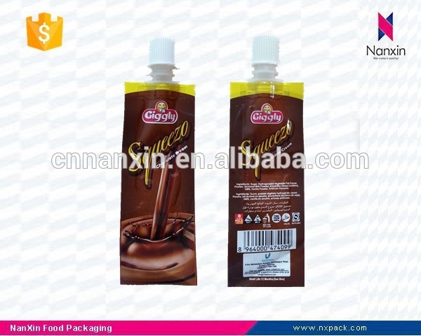 plastic liquid chocolate packaging tube shape spout pouch