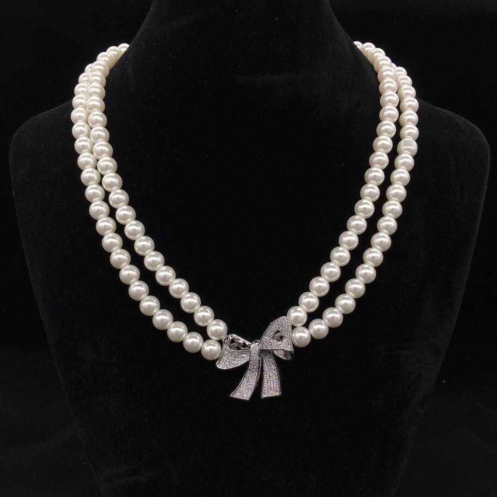 Stylish Pearl Glass 18K Silver Plated Zircon Necklace With Collana